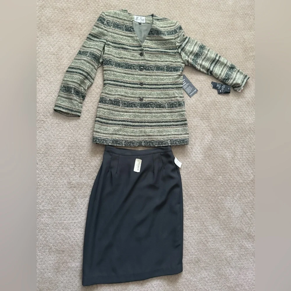 LE SUIT Women VintageGreen Striped Button Down Blazer Jacket w/Skirt-Sz 10 (NEW)